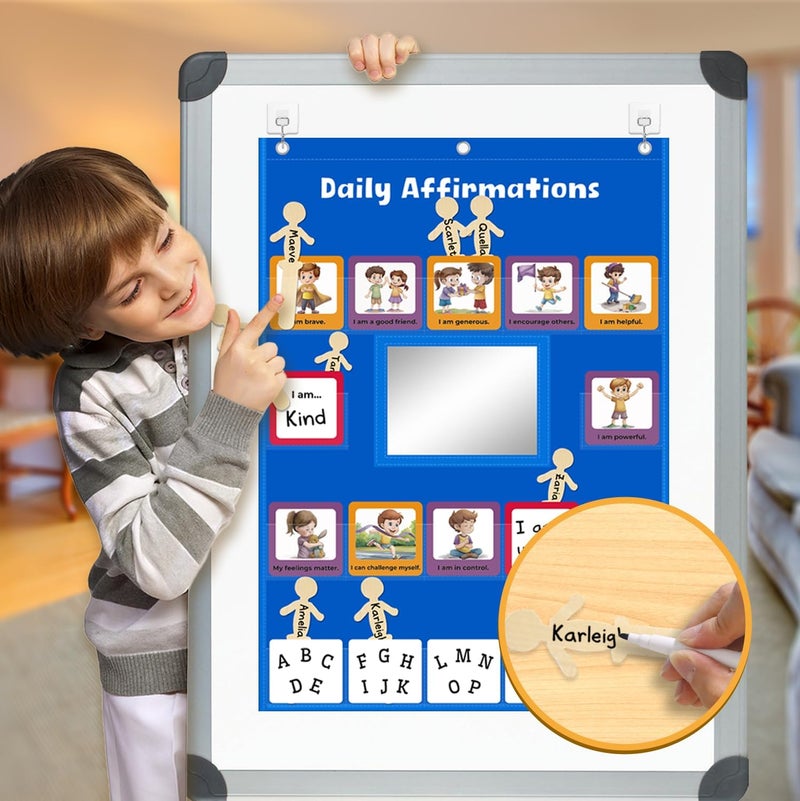 ALSLEA Daily Affirmations for Kids Pocket Chart with Mirror Large Pocket Chart for Classroom, Mindfulness Affirmation Mirror for Toddler with 47 Cards Calm Down Corner Supplies (Blue) - Image 3